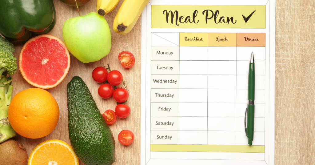Meal plan with healthy foods for 3-6-9 liver cleanse on a table