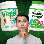 man debating over Vega or Orgain plant-based protein powders